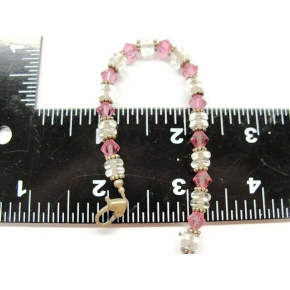 925 Sterling Silver Bracelet Pink and White Glass Beads - Picture 7 of 8